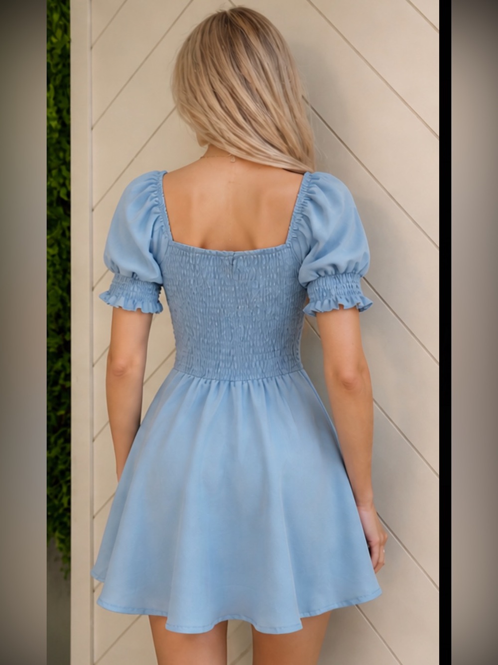 Light Blue Puff-Sleeve Mini Romper Dress - Picture 3 of 11
